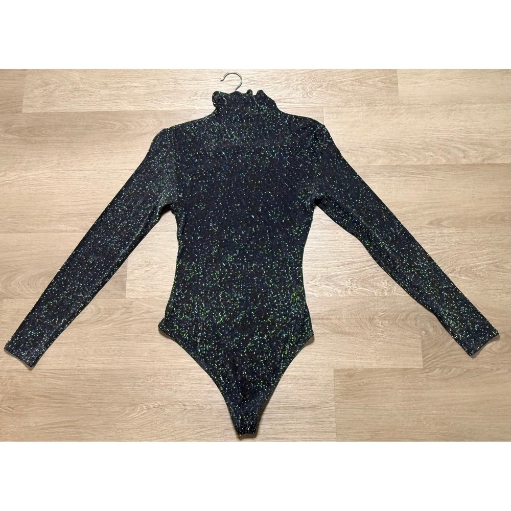 Alix NYC Hardy Metallic Glitter Turtleneck Bodysuit Black‎ Silver M